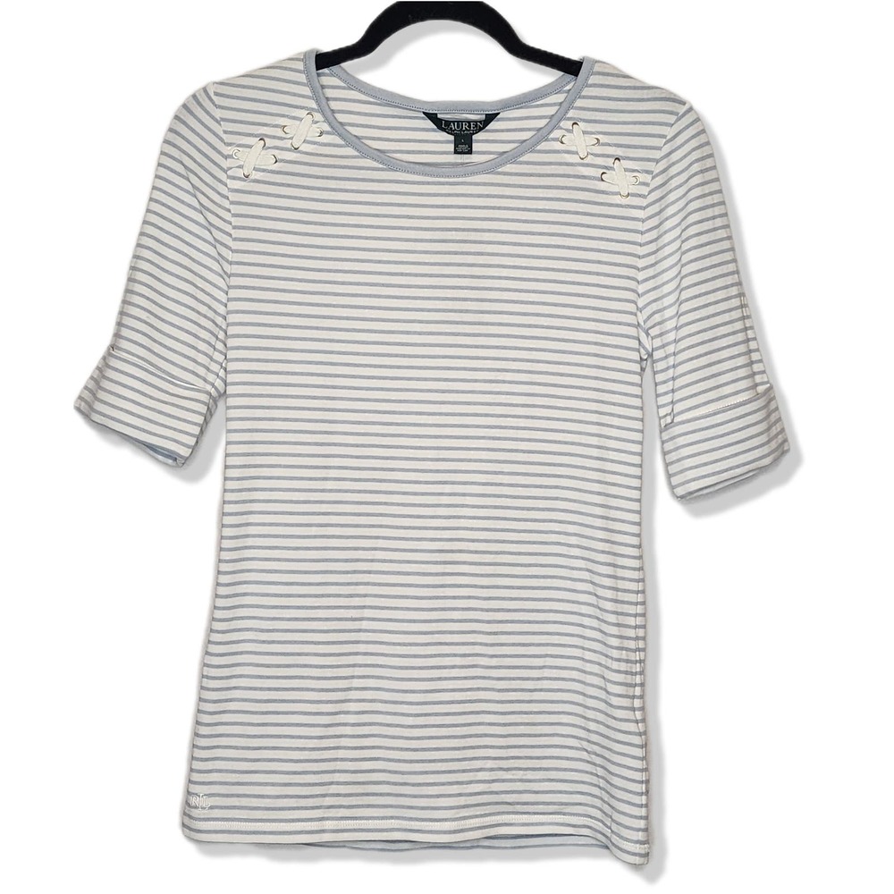 Lauren Ralph Lauren Short Sleeve blue & white classic striped top shirt Womens L